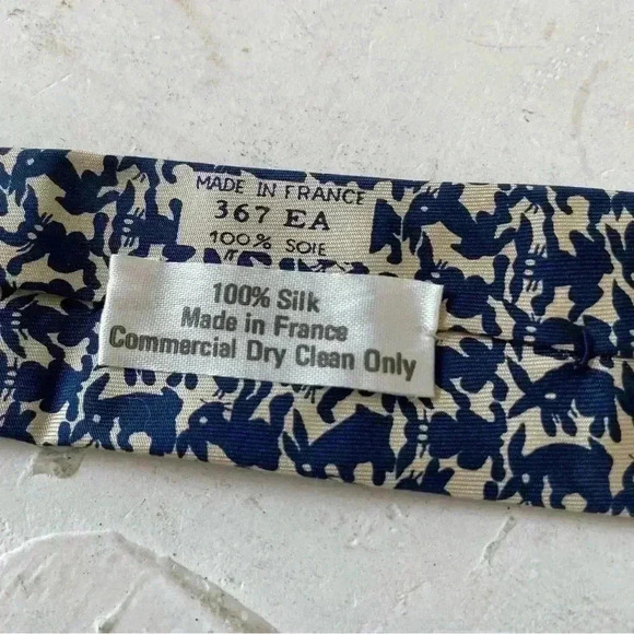 HERMES Men's Necktie Tie Silk High Brand All Over Easter Rabbit Pattern Blue - Picture 6 of 11
